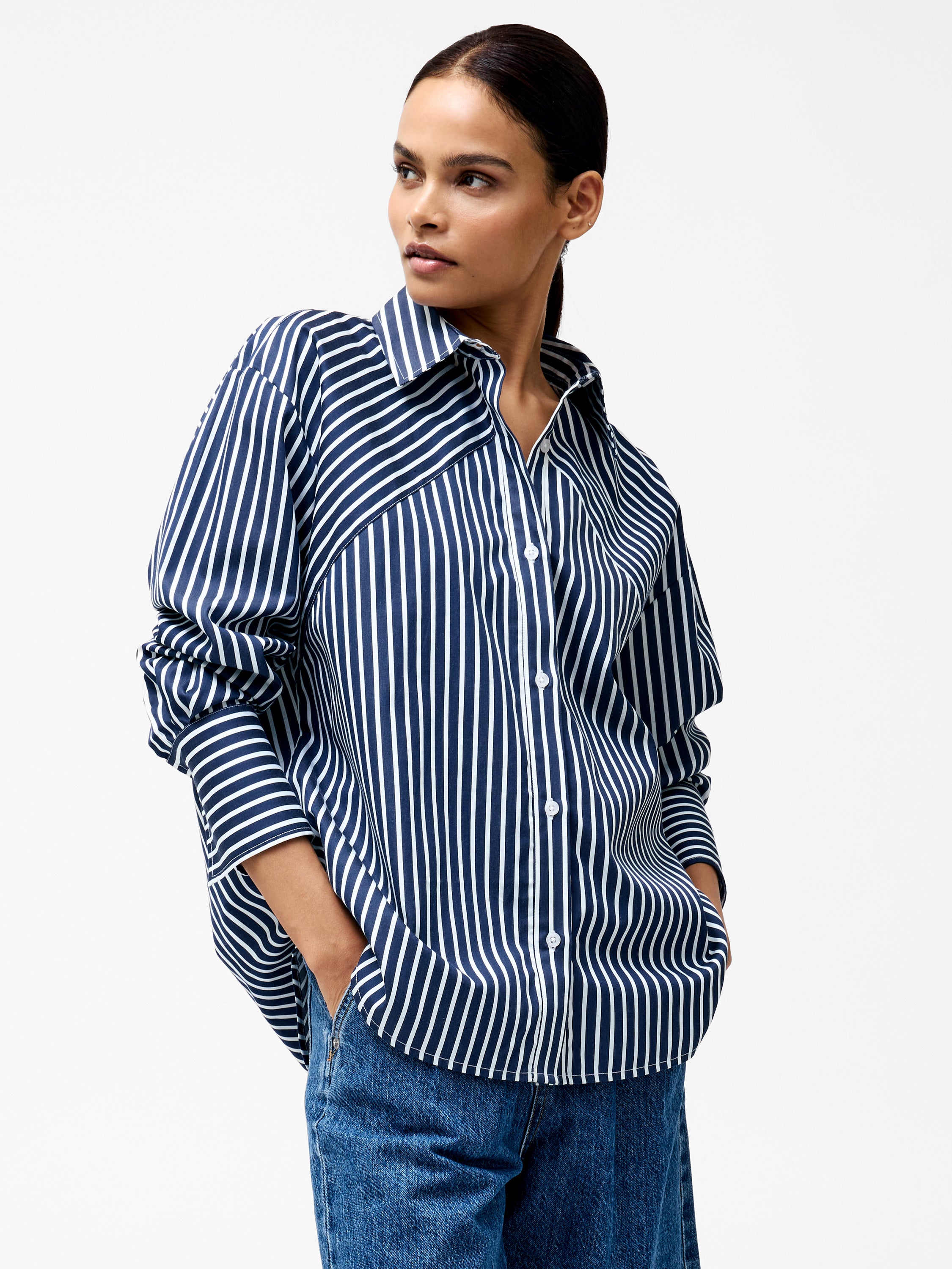 Alexis Cotton Angled Yoke Striped Shirt