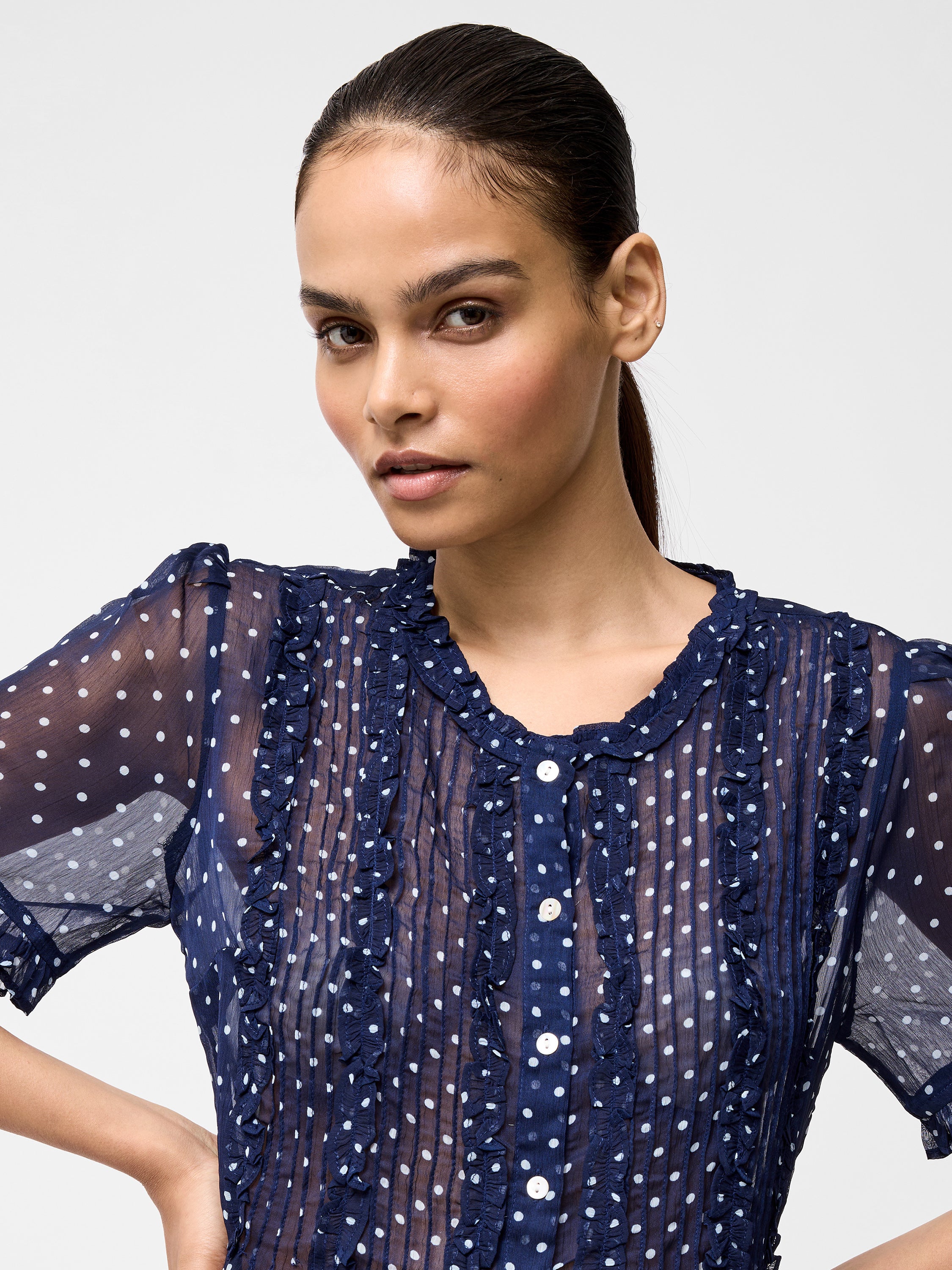 Polka Dot Short Sleeve Ruffle Top