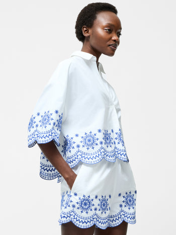 Embroidered Hem Popover Short Sleeve Shirt