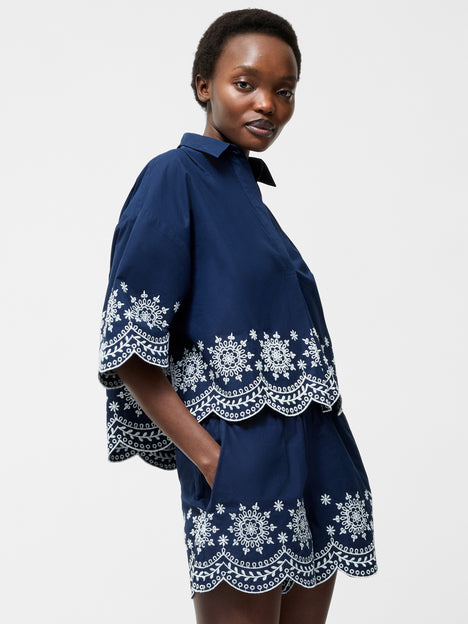 Embroidered Hem Popover Short Sleeve Shirt