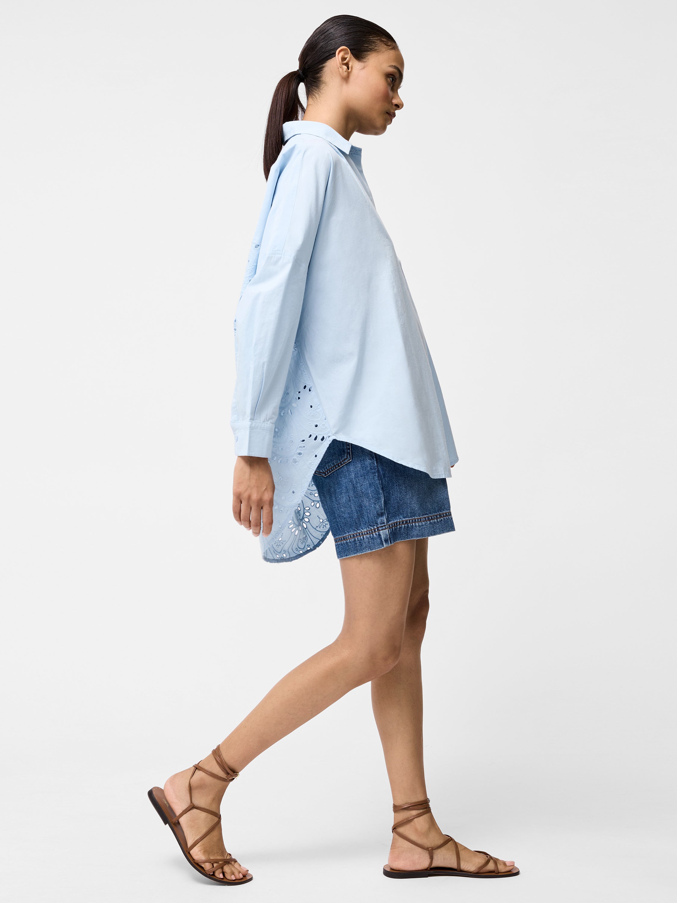 Broderie Back Long Sleeve Popover Shirt