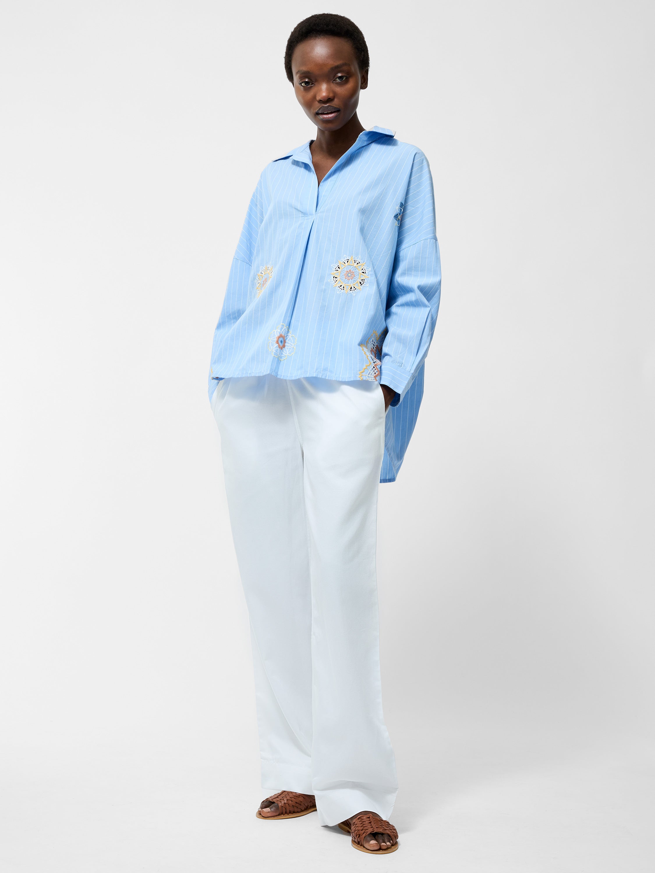 Embroidered Poplin Stripe Popover Shirt