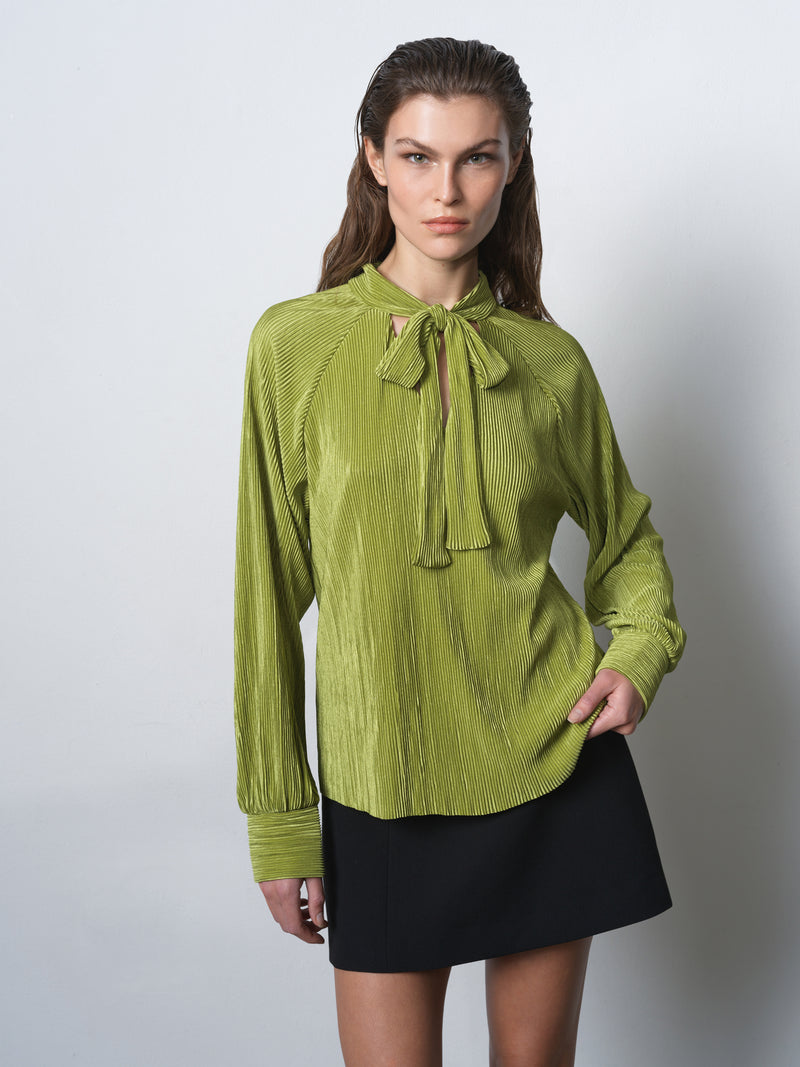 Rylah Plisse Long Sleeve Tie Neck Shirt