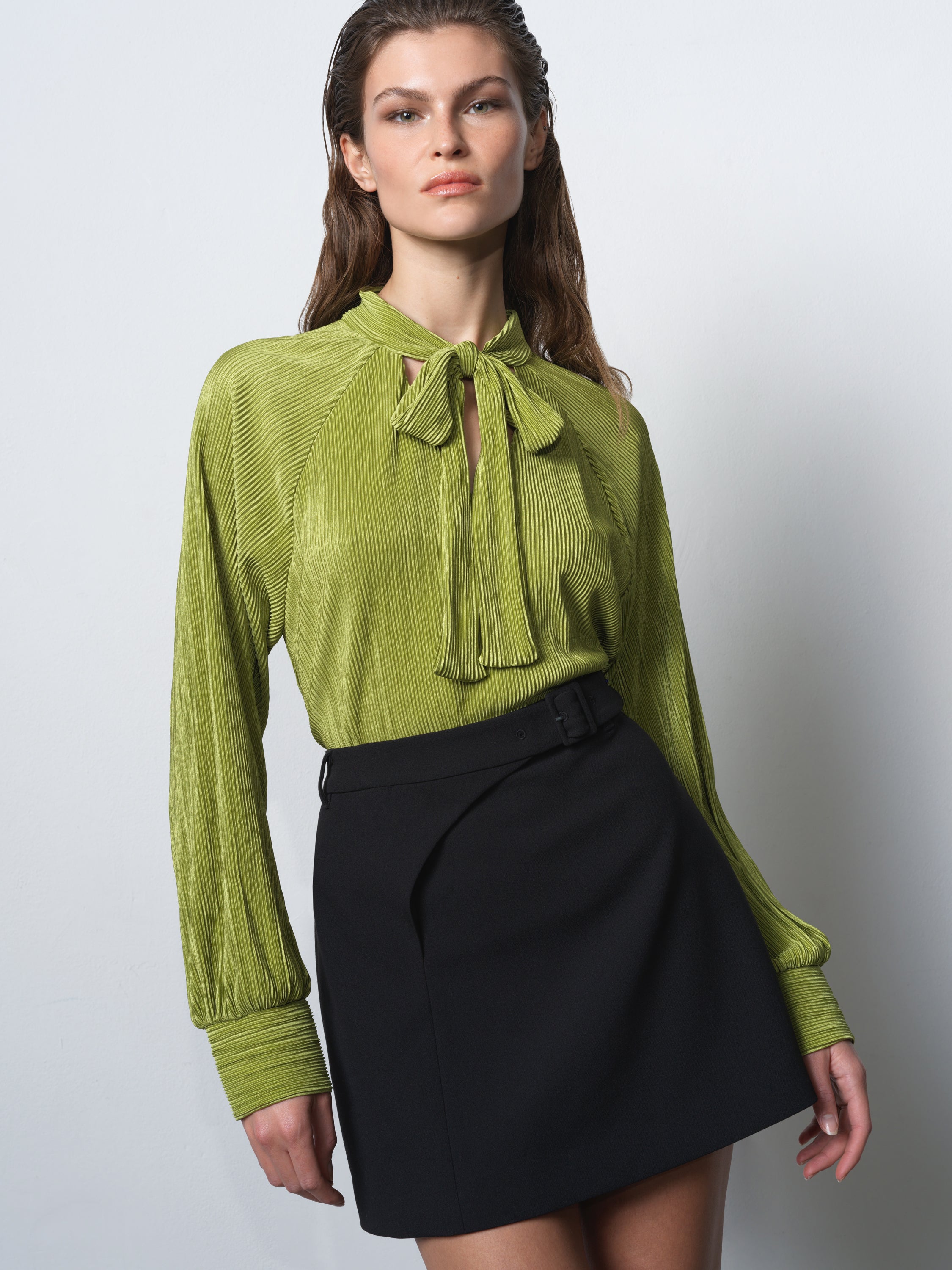 Rylah Plisse Long Sleeve Tie Neck Shirt