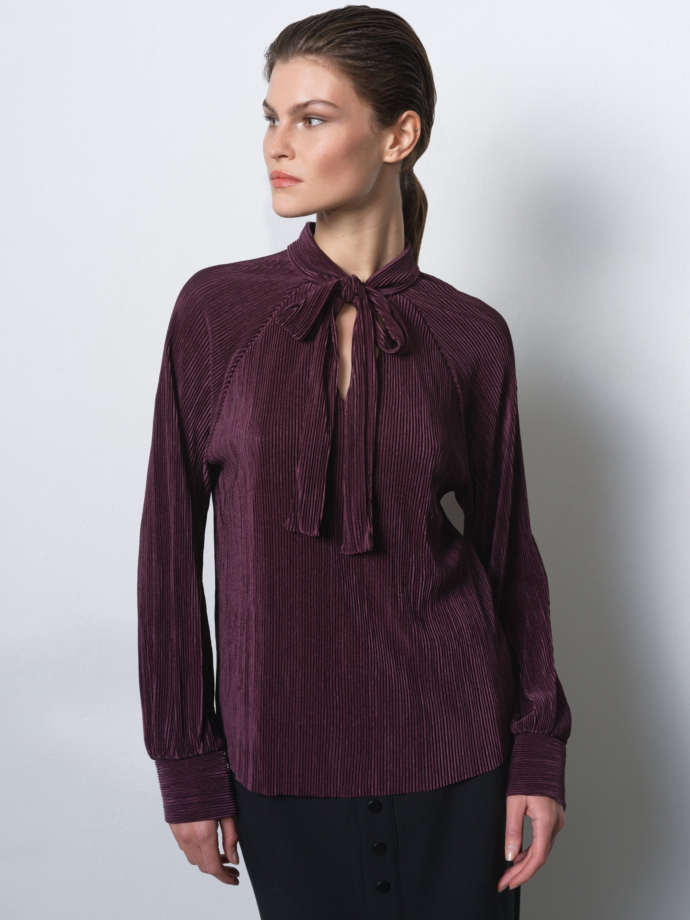 Rylah Plisse Long Sleeve Tie Neck Shirt