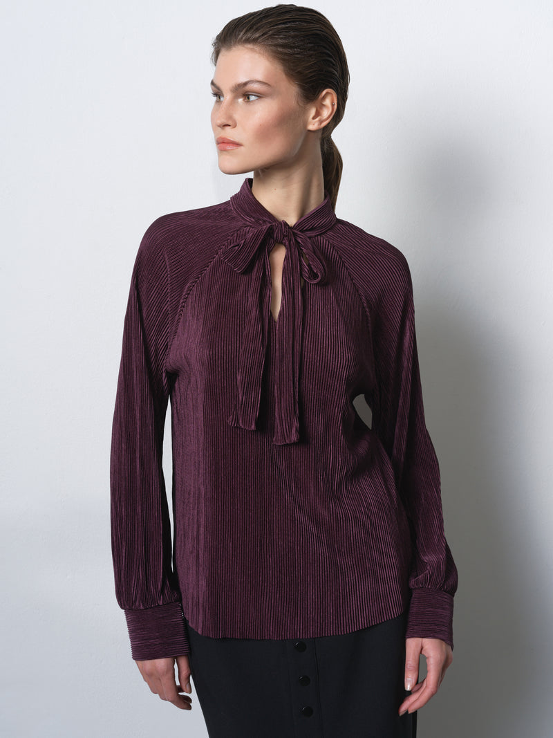 Rylah Plisse Long Sleeve Tie Neck Shirt