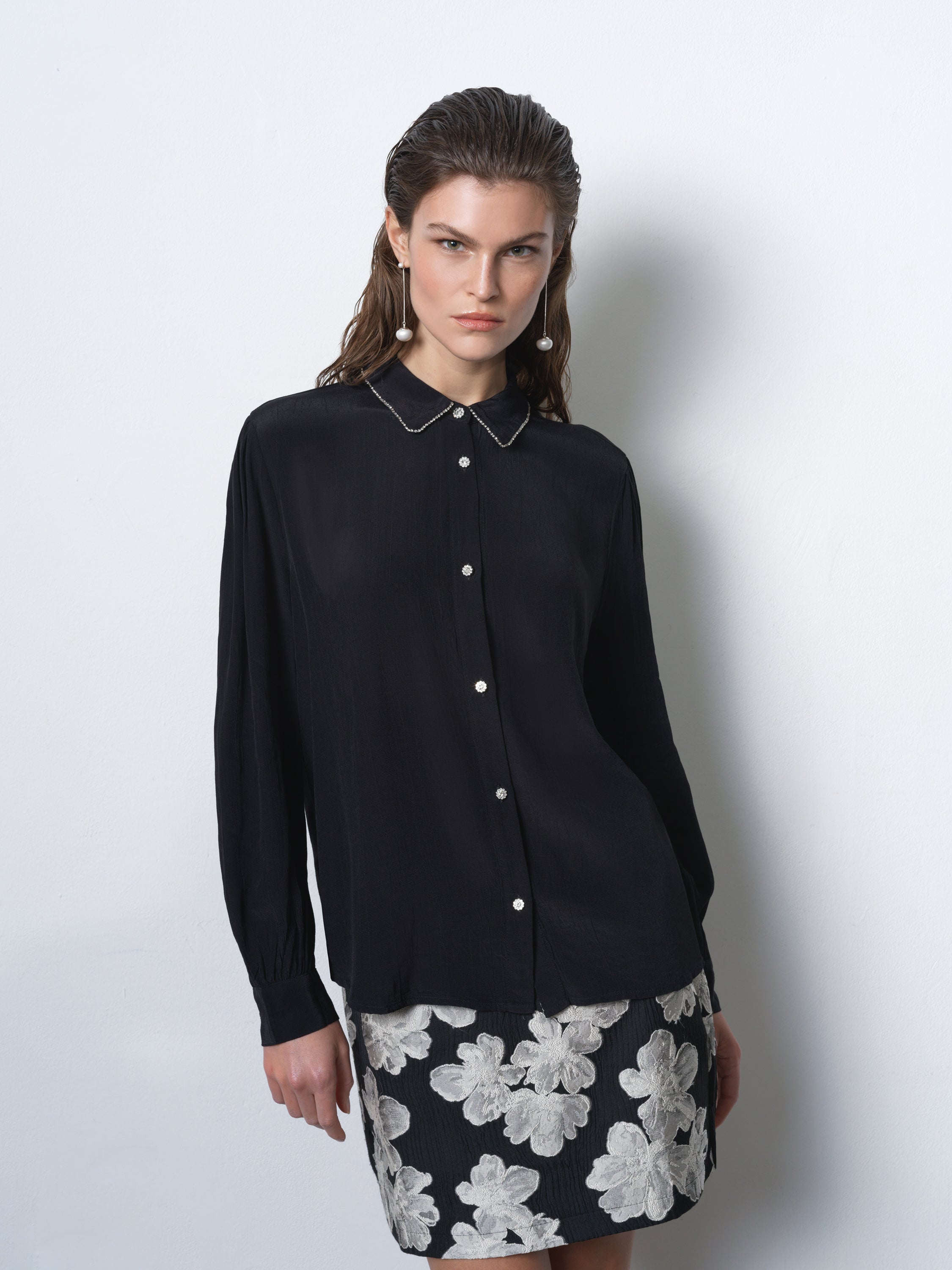 Lizzy Eco Crepe Diamante Collar Long Sleeve Shirt
