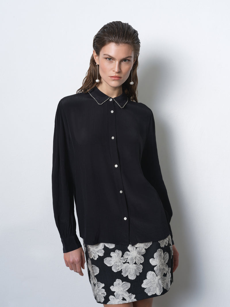 Lizzy Eco Crepe Diamante Collar Long Sleeve Shirt