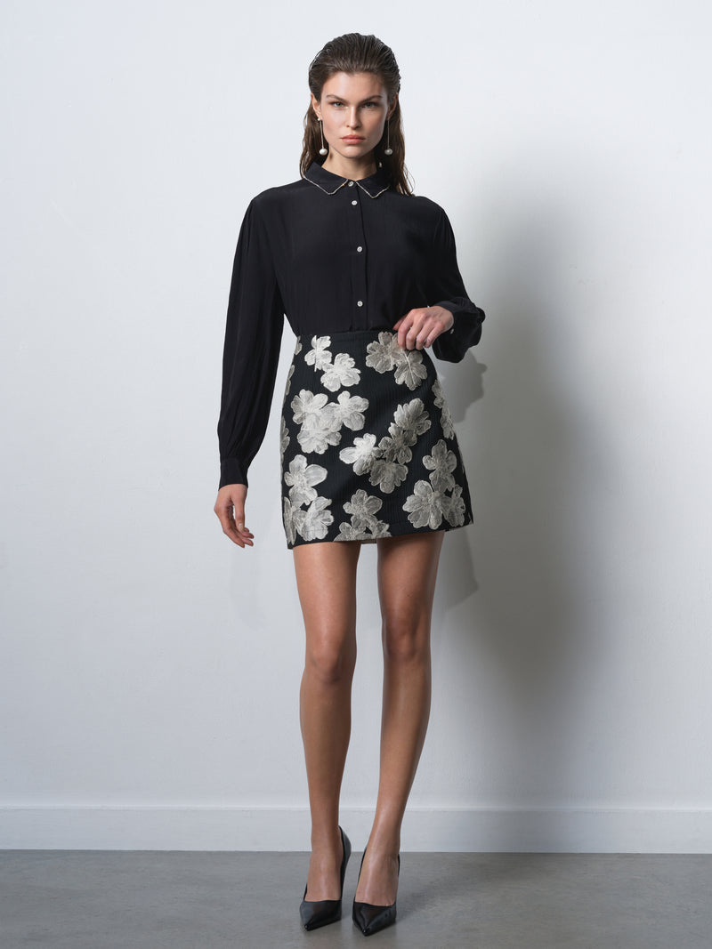 Lizzy Eco Crepe Diamante Collar Long Sleeve Shirt