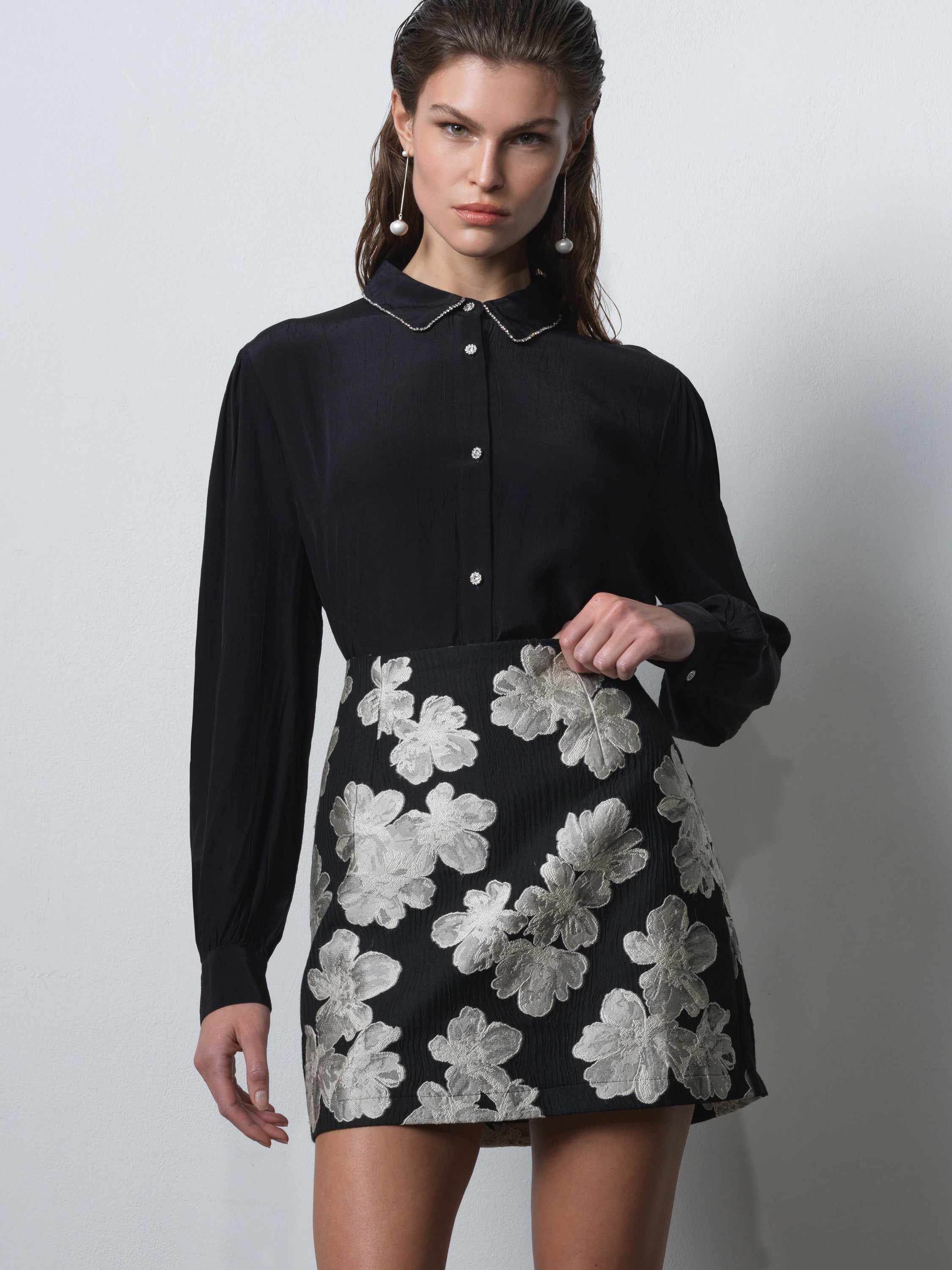 Lizzy Eco Crepe Diamante Collar Long Sleeve Shirt