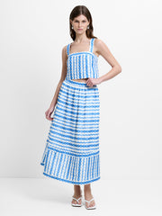 Structured Taffeta Blue Shell Print Midi Skirt