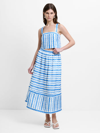 Structured Taffeta Blue Shell Print Midi Skirt
