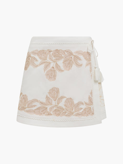 Calissa Embroidered Cream Wrapover Mini Skirt