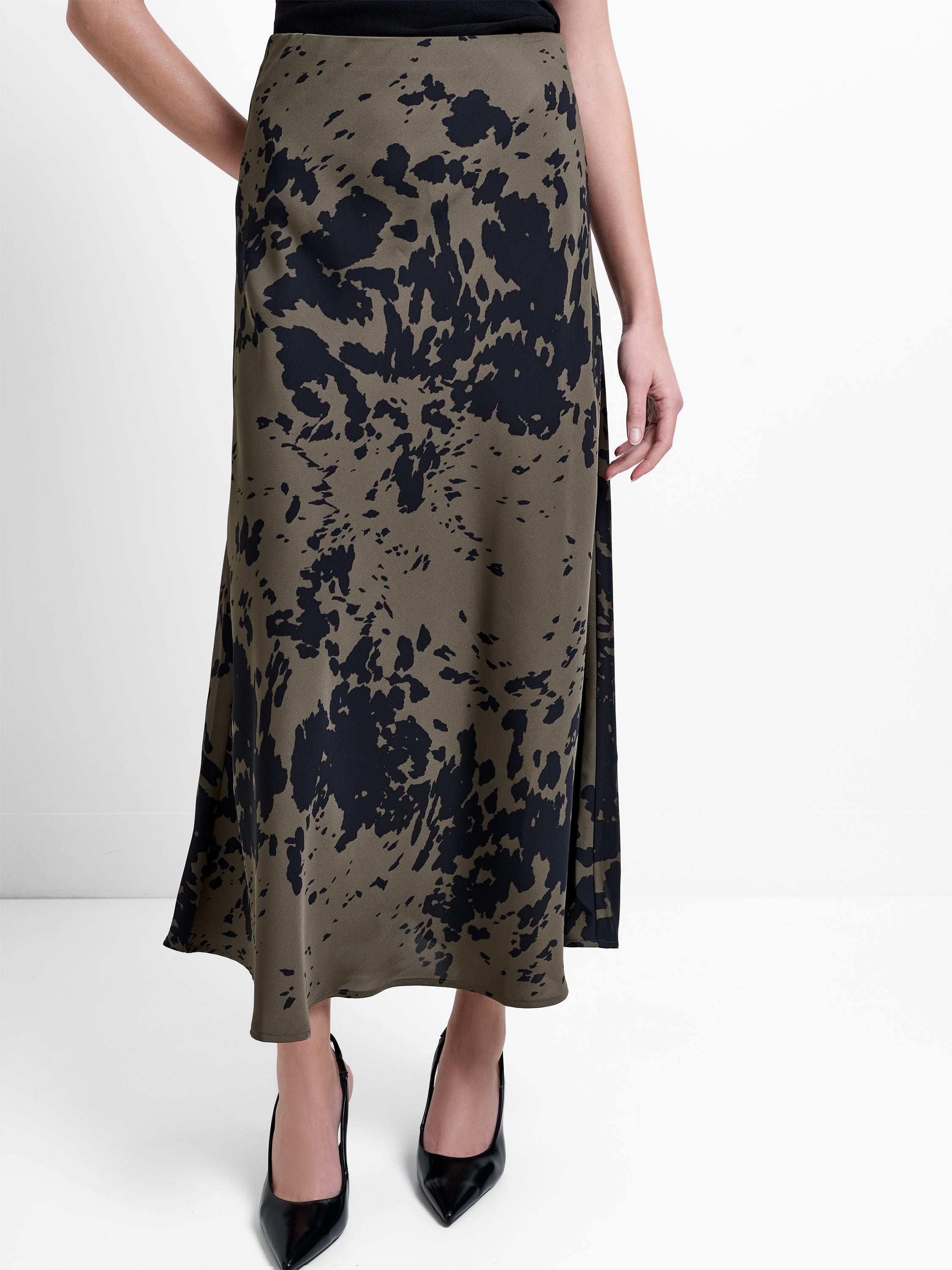 Aria Satin Khaki Green Floral Midi Skirt