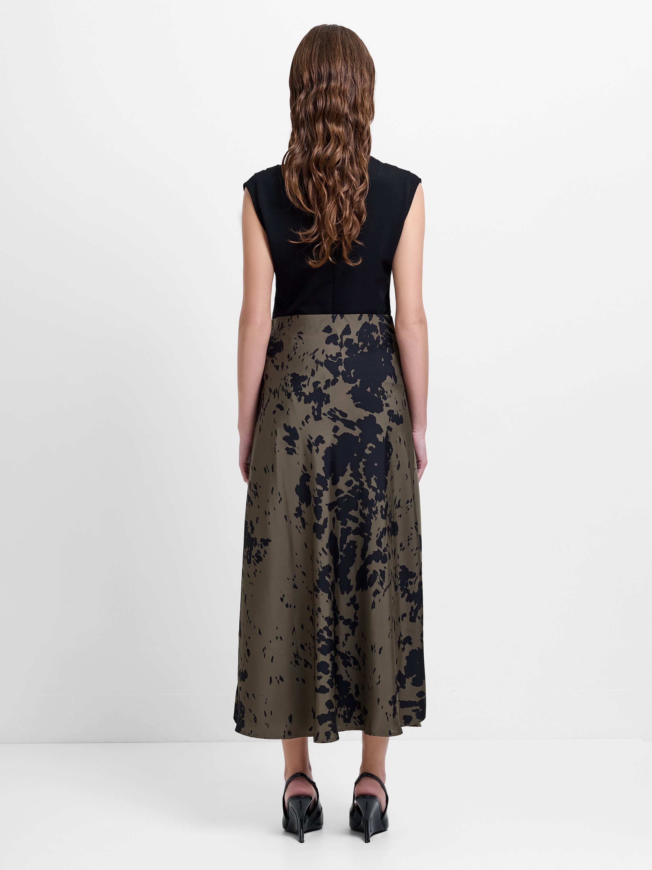 Aria Satin Khaki Green Floral Midi Skirt