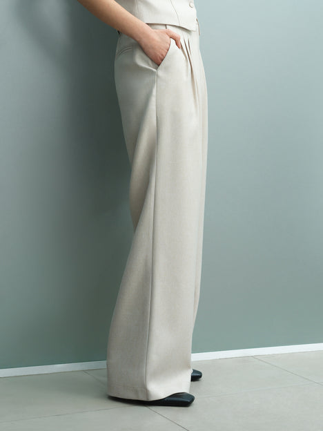 Misha Tailored Pleated Beige Wide Leg Trousers