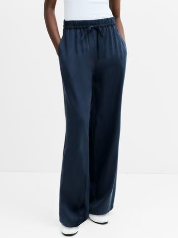 Yassie Pull-On Drawstring Navy Blue Barrel Leg Trousers