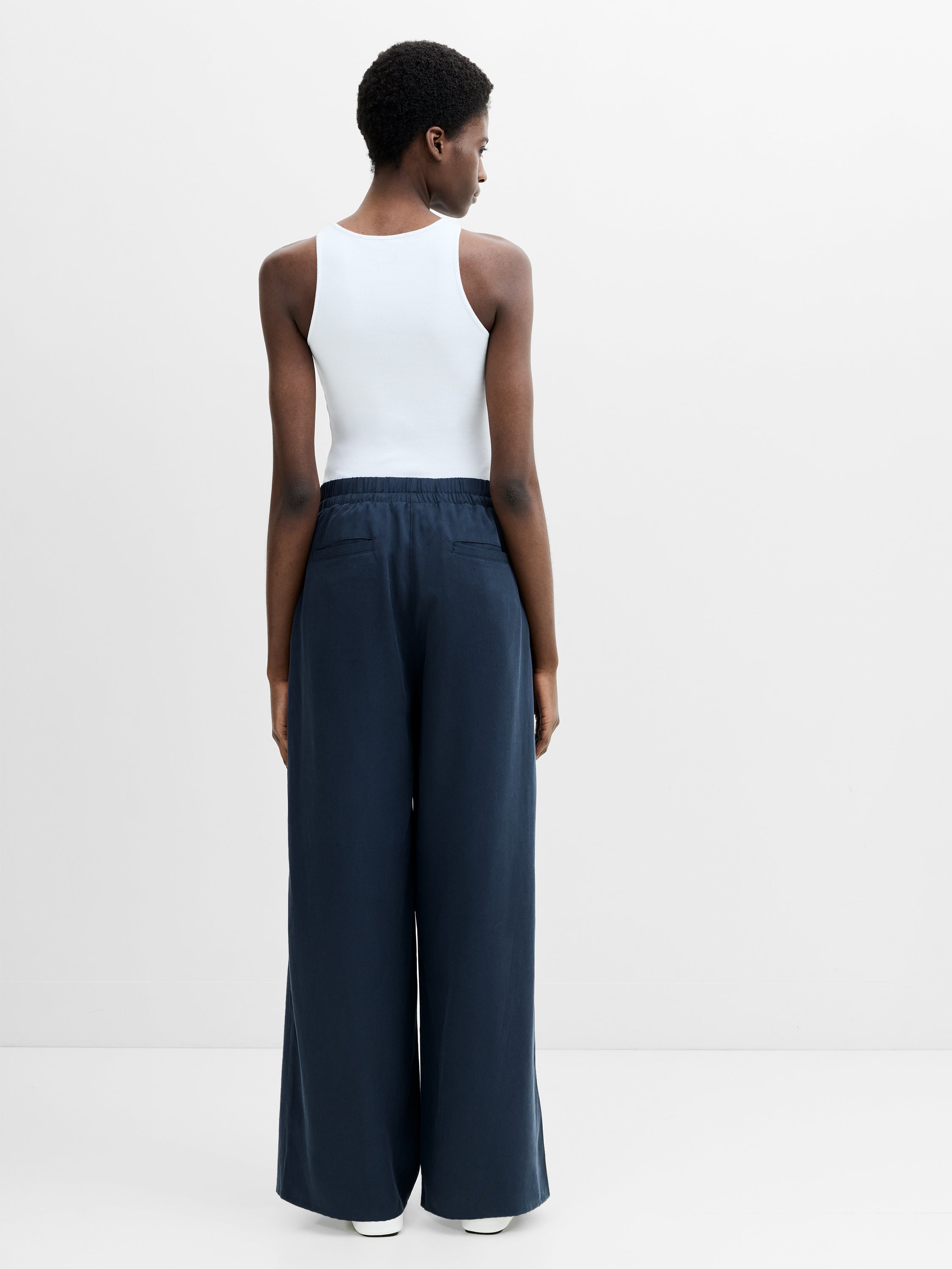 Yassie Pull-On Drawstring Navy Blue Barrel Leg Trousers