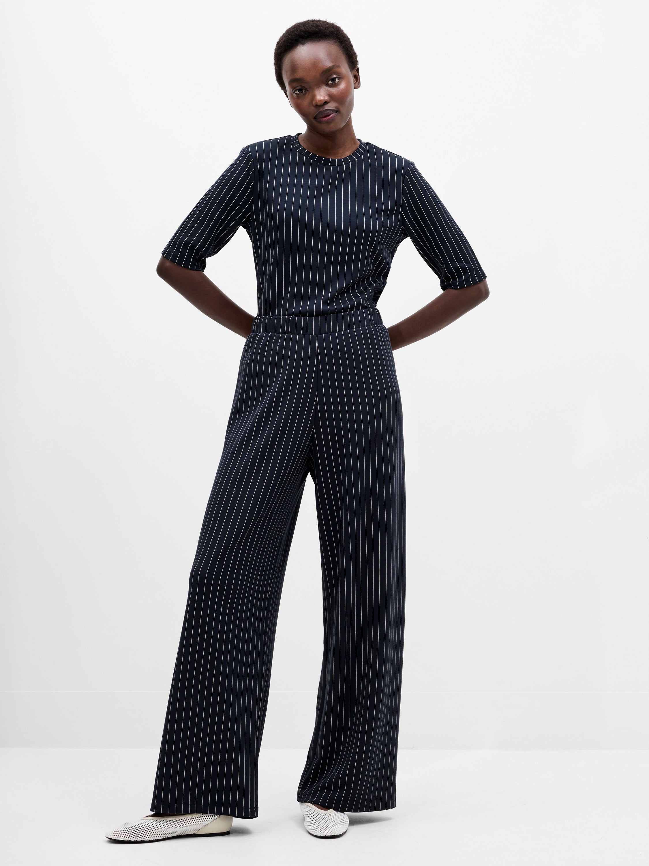 Regina Jersey Pinstripe Wide Leg Trousers