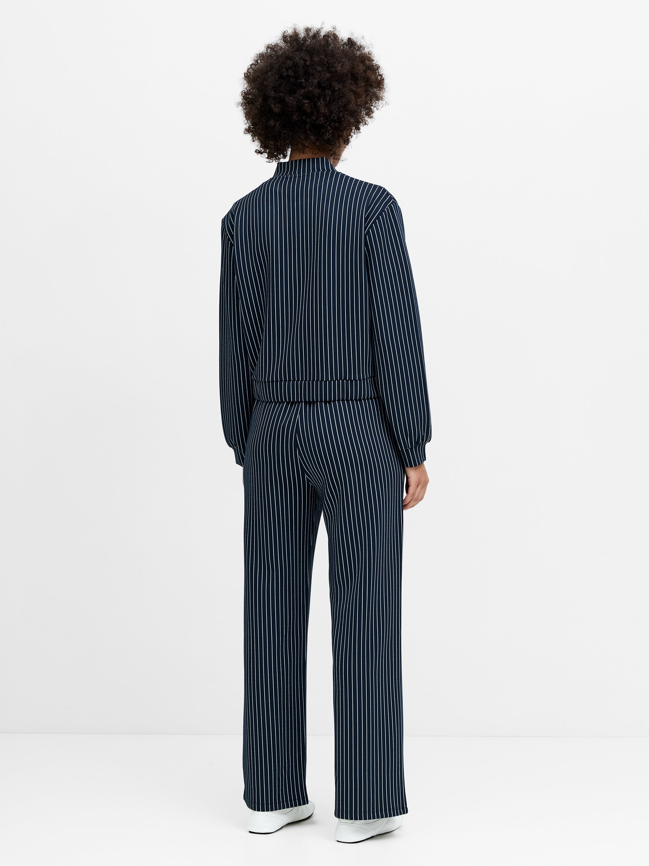 Wren Pinstripe Navy Blue Bomber Jacket