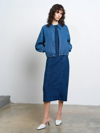 Cherrie Pinstripe Denim Zip Up Bomber Jacket