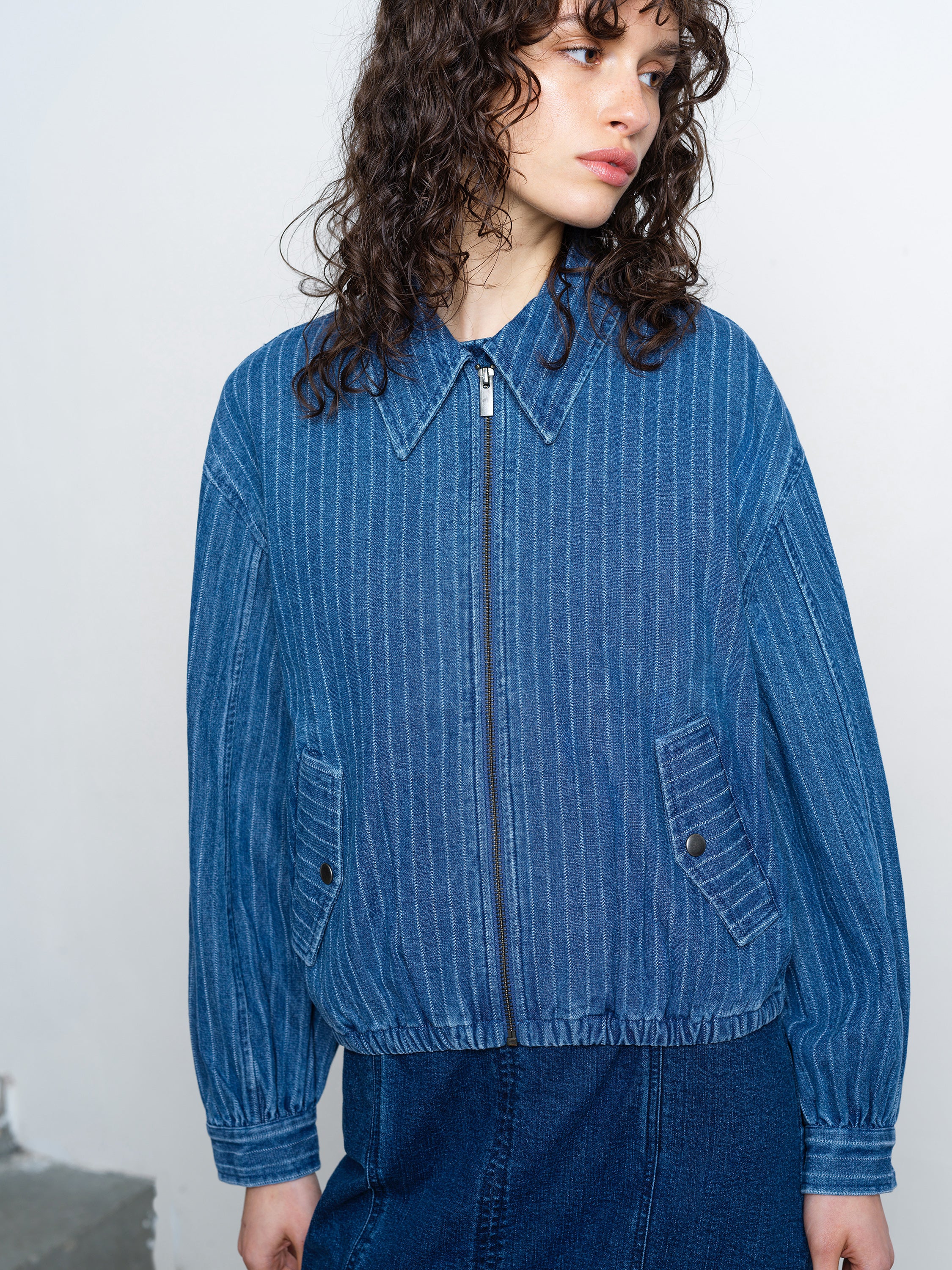 Cherrie Pinstripe Denim Zip Up Bomber Jacket