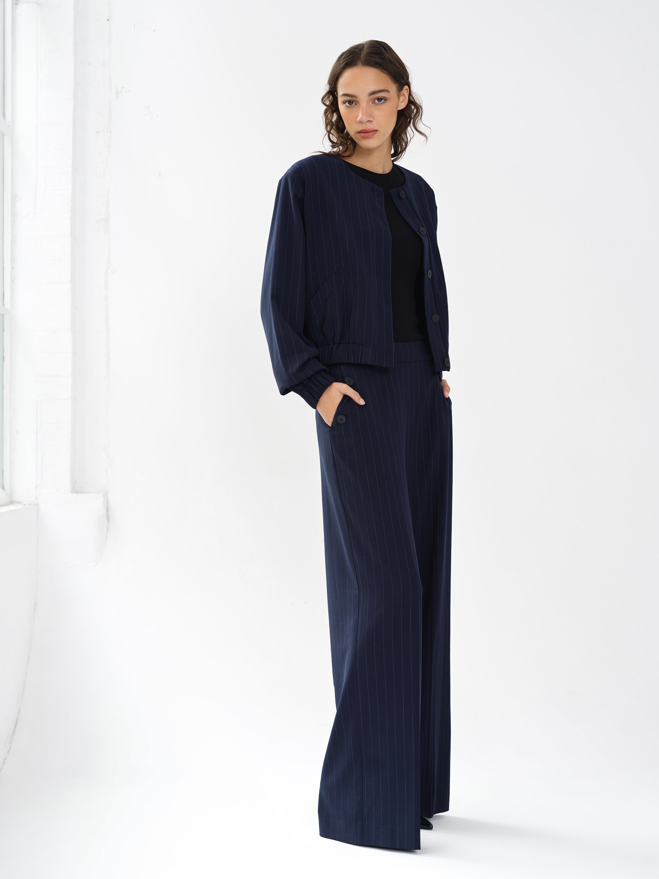 Alia Pinstripe Bomber Jacket
