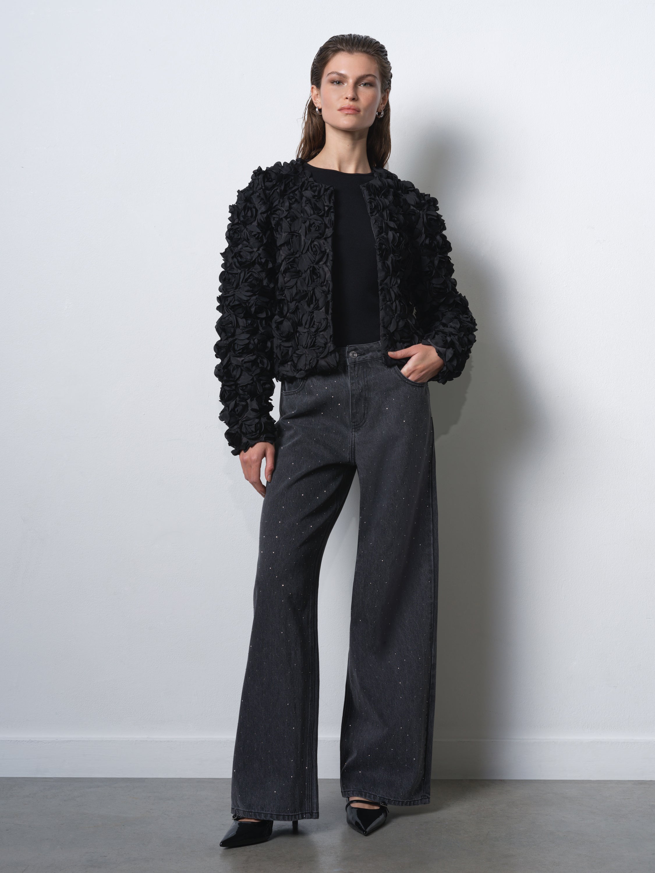 Verity 3D Floral Textured Cropped Jacket