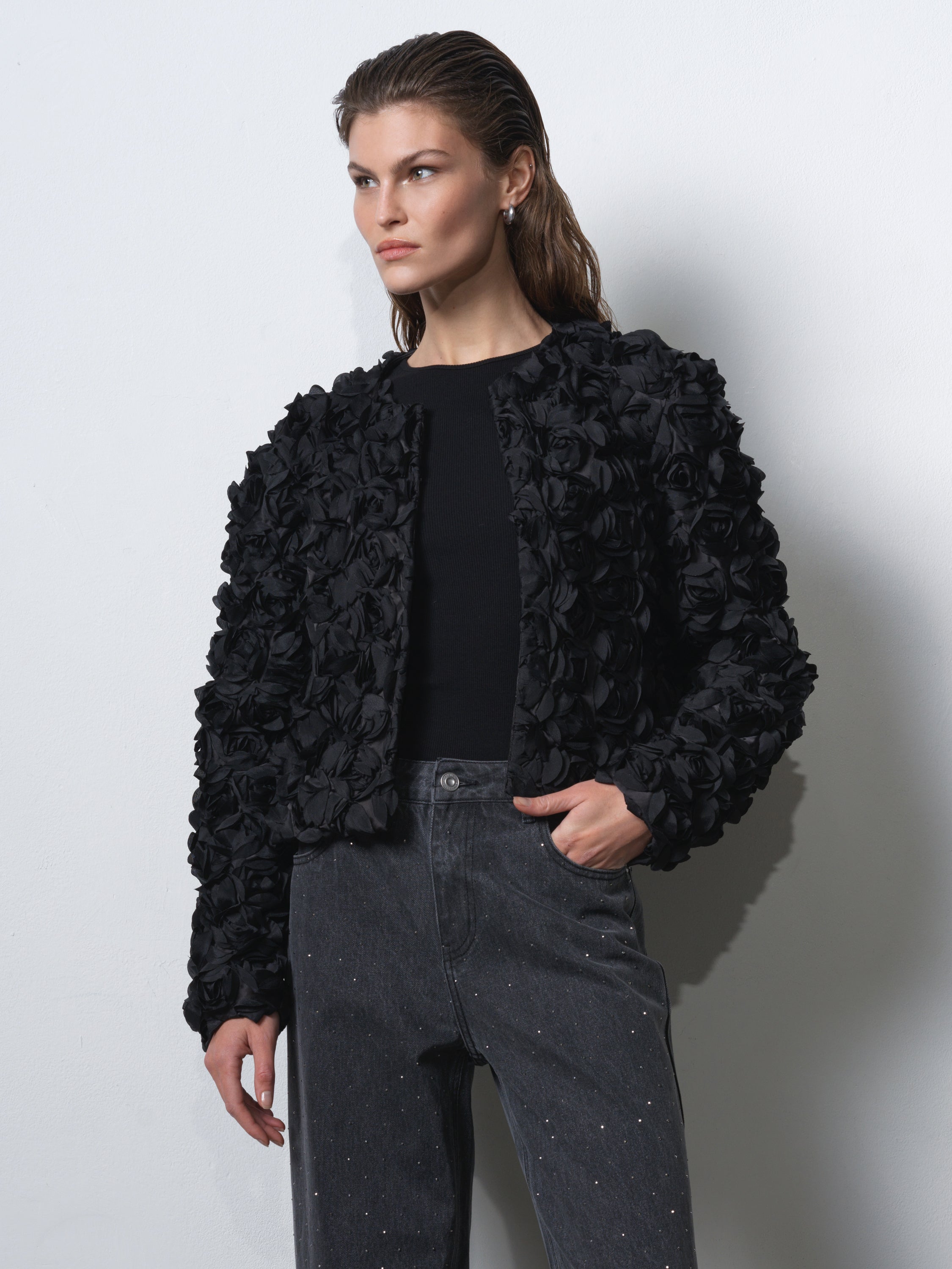 Verity 3D Floral Textured Cropped Jacket