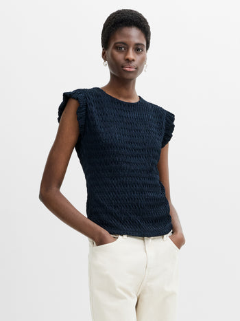 Zinnia Textured Frilled Cap Sleeve Navy Blue Top