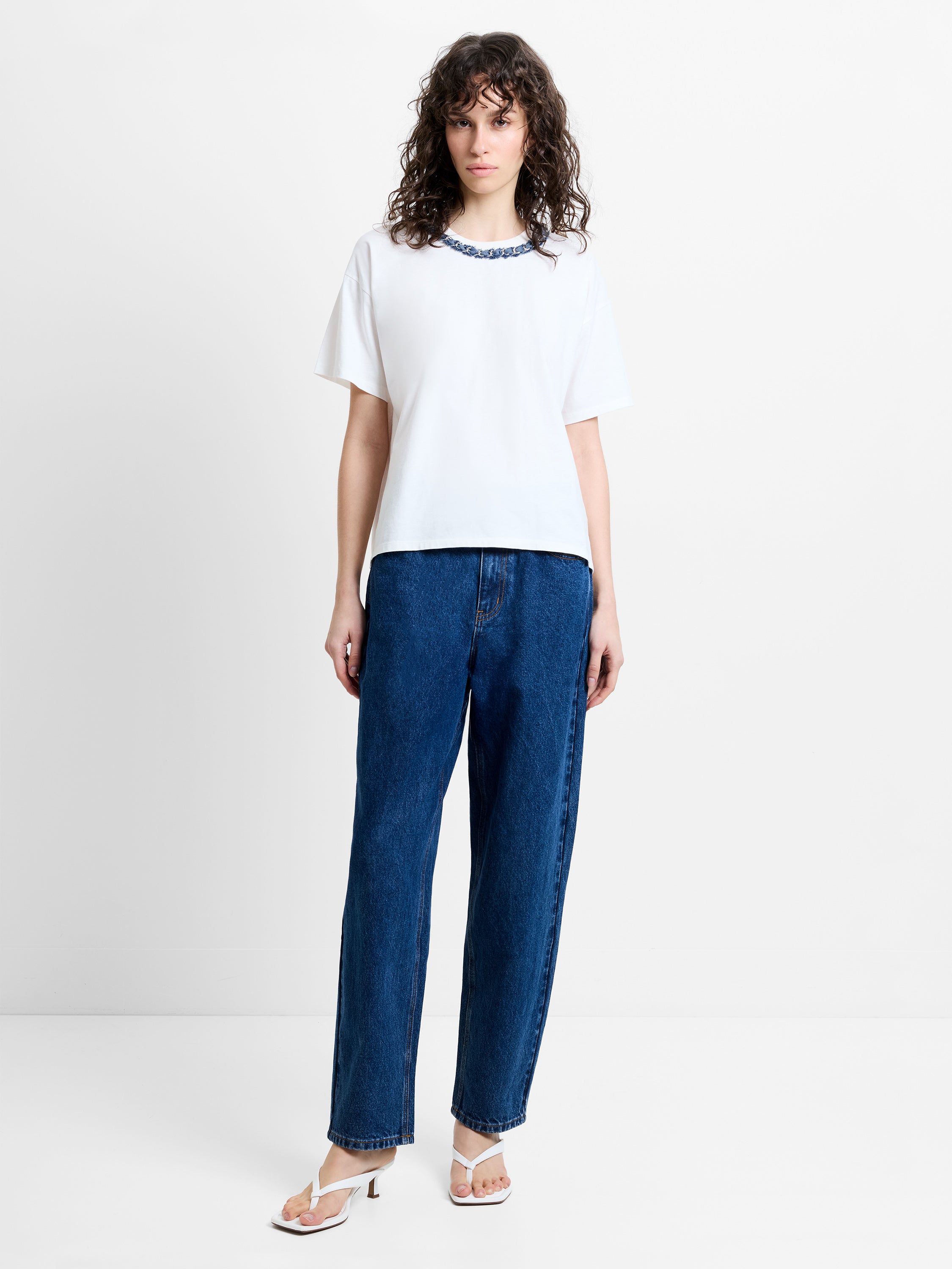 Aliyana Jersey Short Sleeve Denim Chain White T-Shirt