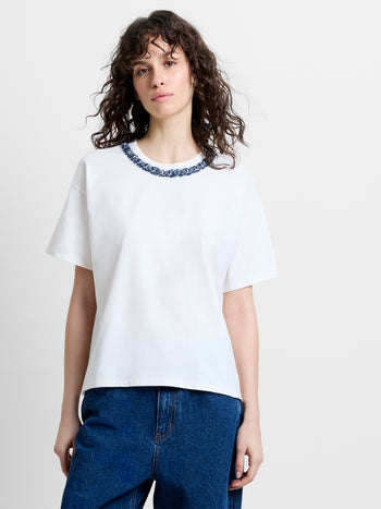 Aliyana Jersey Short Sleeve Denim Chain White T-Shirt