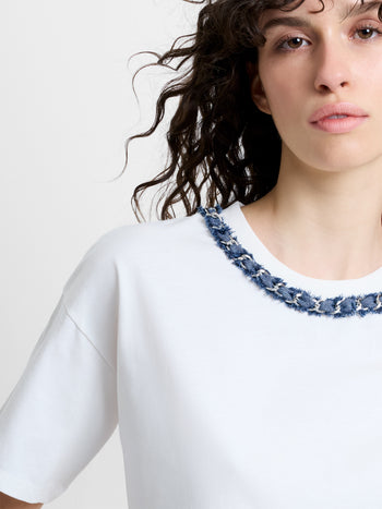 Aliyana Jersey Short Sleeve Denim Chain White T-Shirt