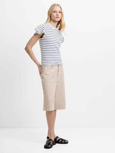 Jersey Monochrome Striped Ruffled Sleeves T-Shirt
