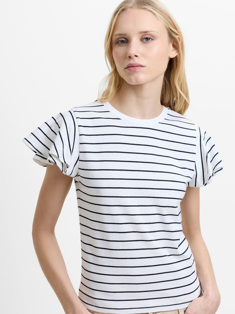 Jersey Monochrome Striped Ruffled Sleeves T-Shirt