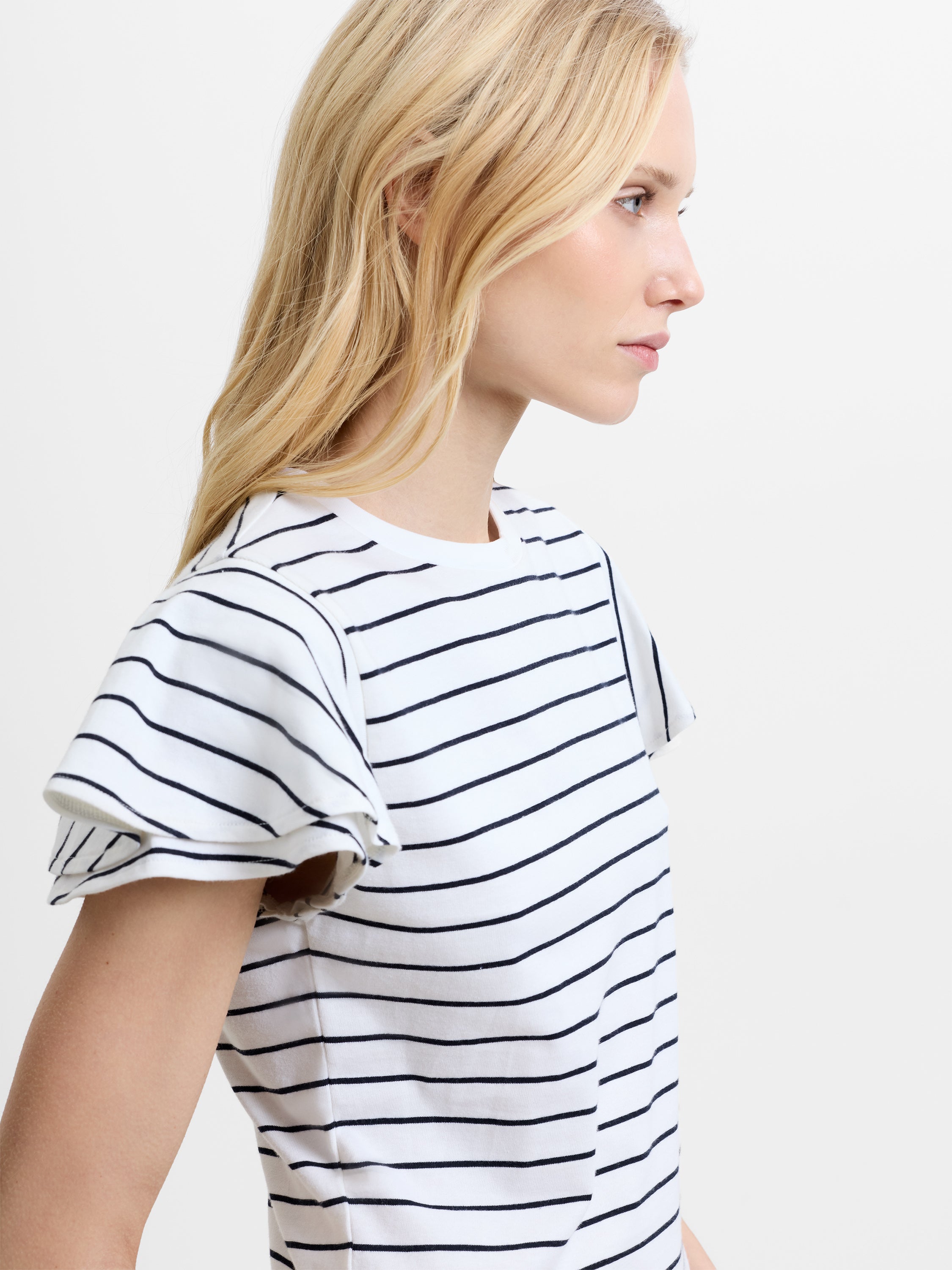 Jersey Monochrome Striped Ruffled Sleeves T-Shirt