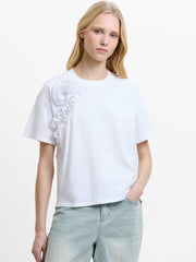 Cotton Crepe Ruffle Floral White T-Shirt
