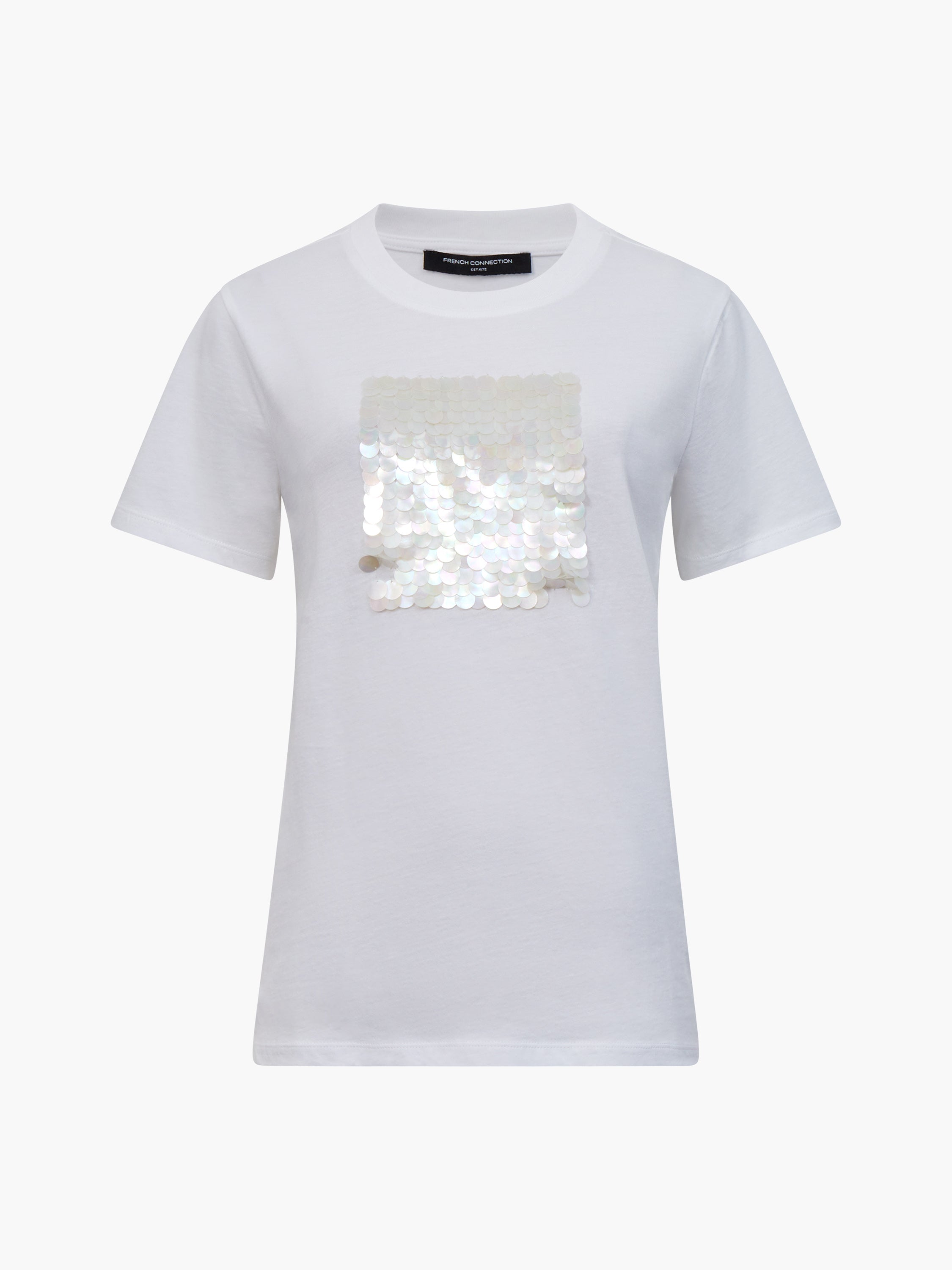 The Sequin Jersey Short Sleeve T-Shirt is a white tee with a square sequin design patch on the chest, shown against a plain white background.