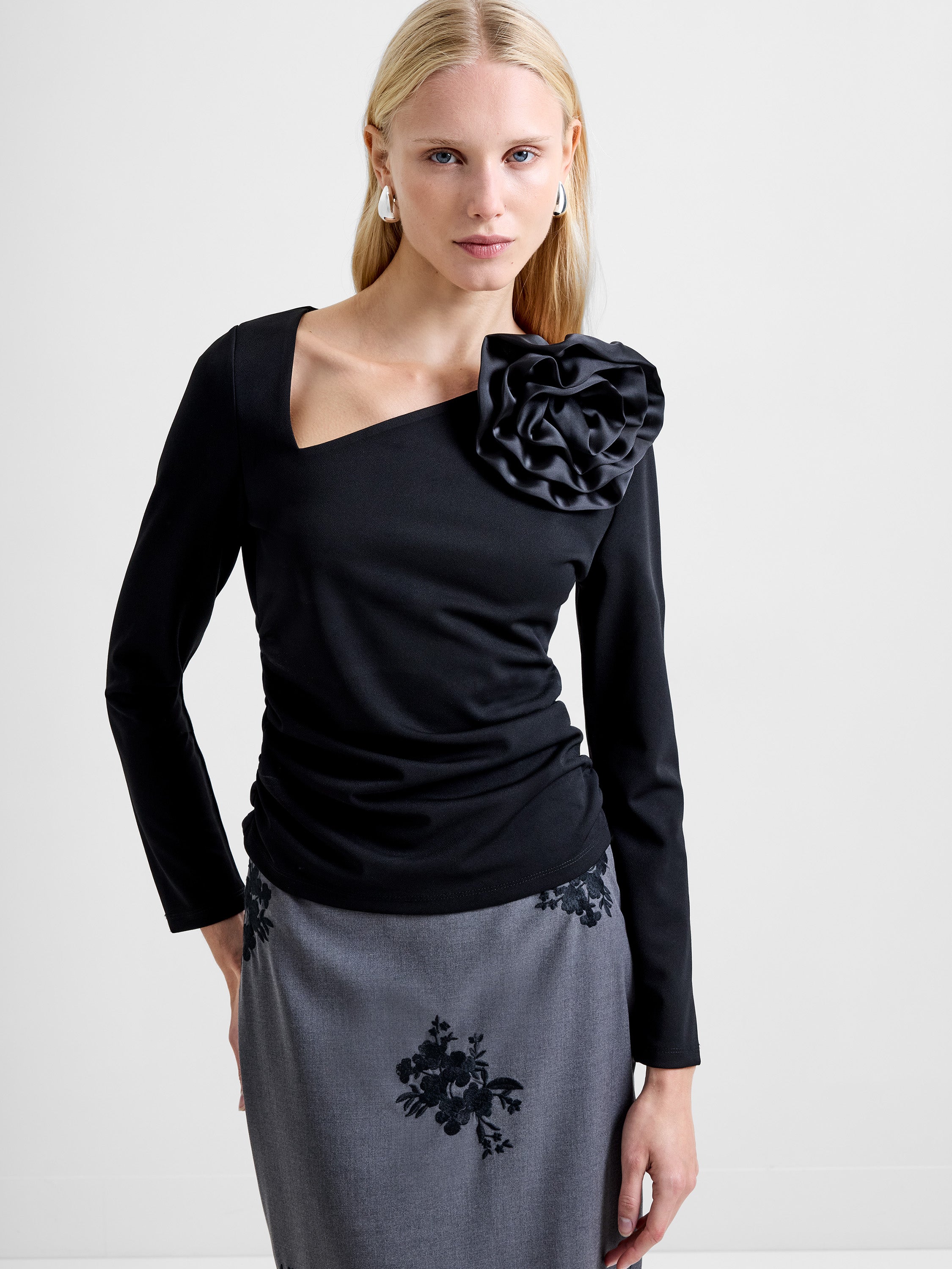 Valetta Jersey Long Sleeve Rosette Top