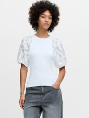 Krista Sheer Jacquard Puff Sleeve White Knit Top
