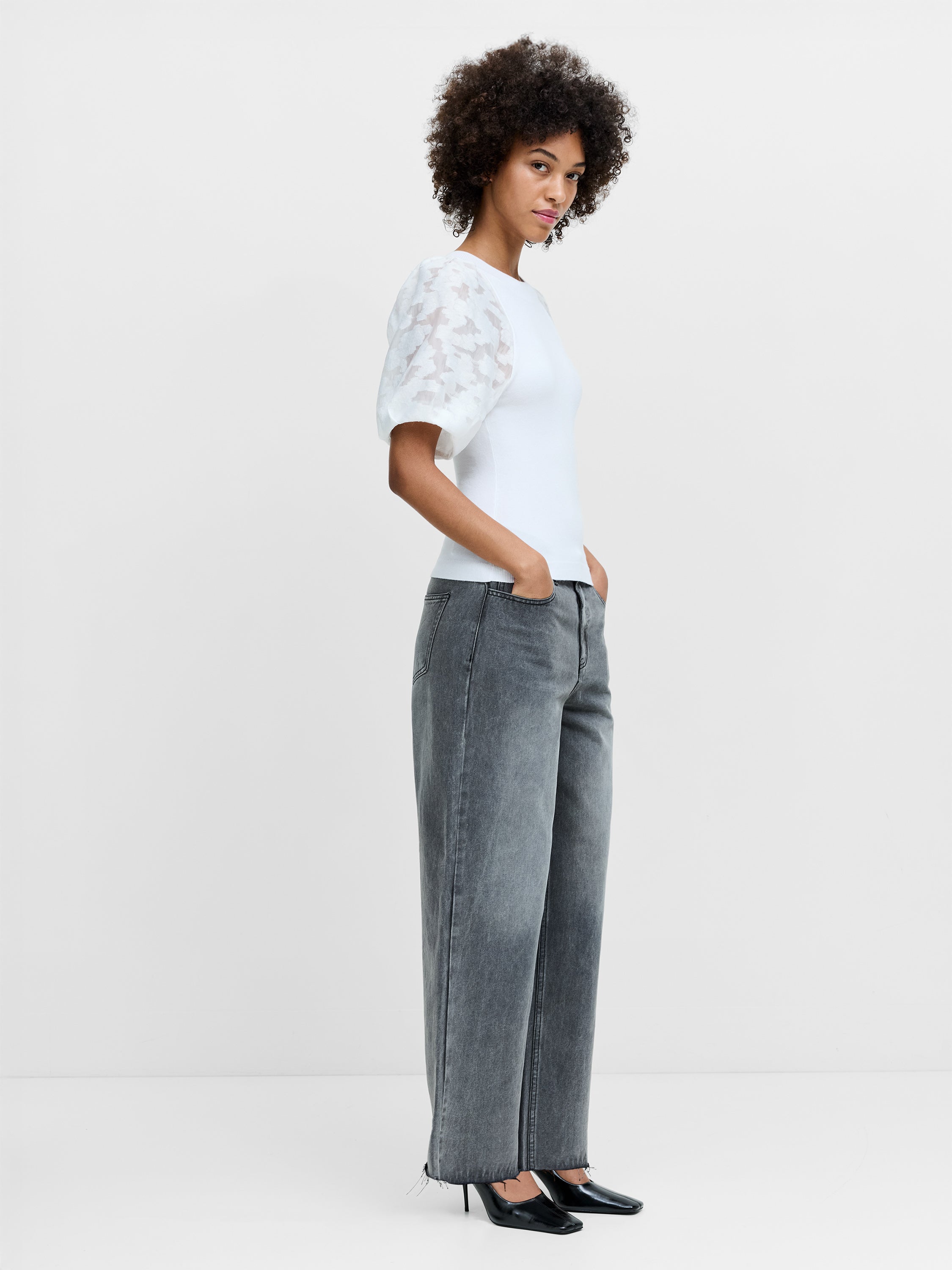 Krista Sheer Jacquard Puff Sleeve White Knit Top
