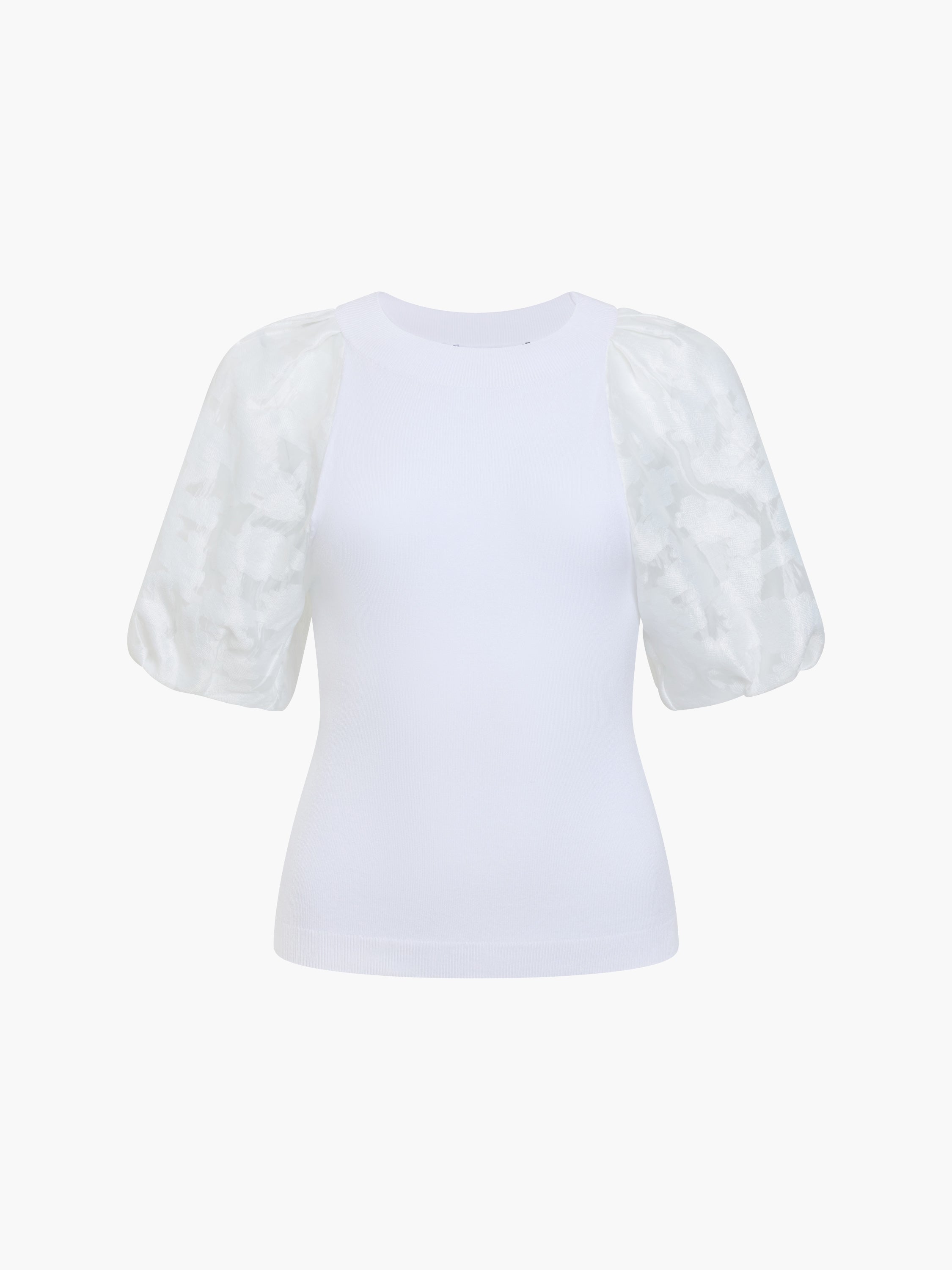 Krista Sheer Jacquard Puff Sleeve White Knit Top