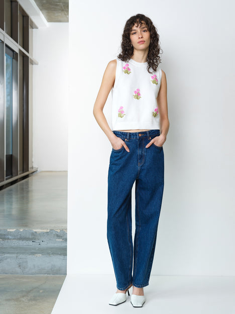 Junie Sleeveless Floral Applique White Knit Vest