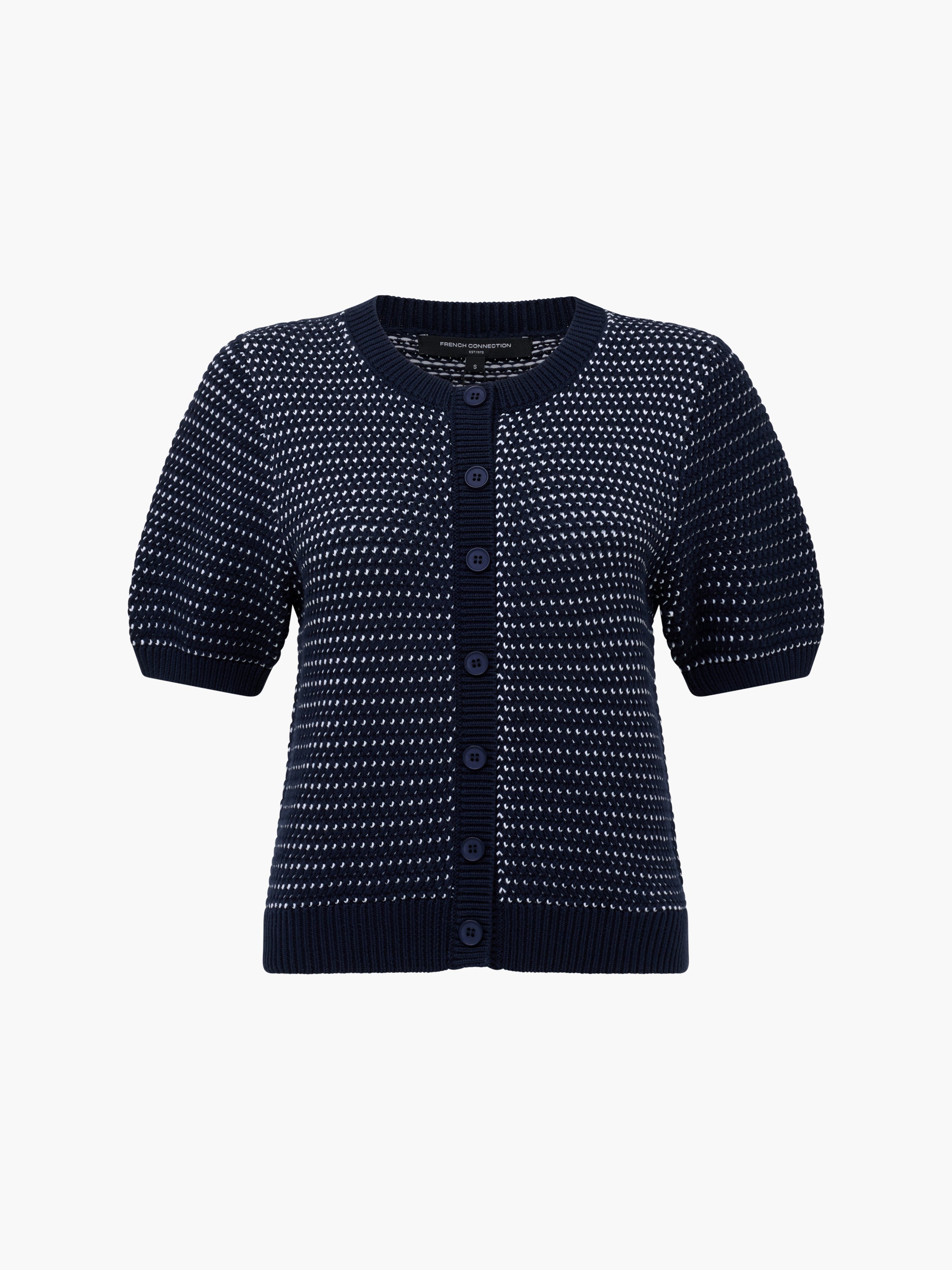 Mozart Knit Puff Sleeve Faux Button Navy Top