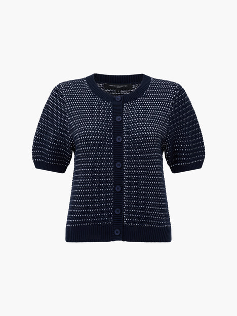 Mozart Knit Puff Sleeve Faux Button Navy Top