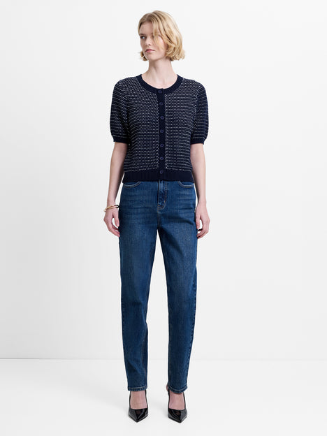 Mozart Knit Puff Sleeve Faux Button Navy Top