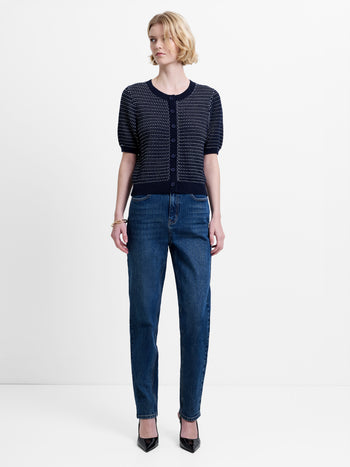 Mozart Knit Puff Sleeve Faux Button Navy Top