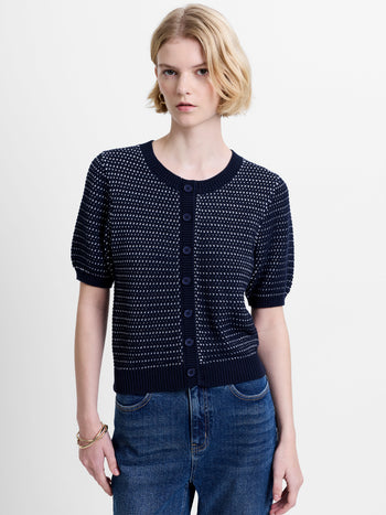 Mozart Knit Puff Sleeve Faux Button Navy Top