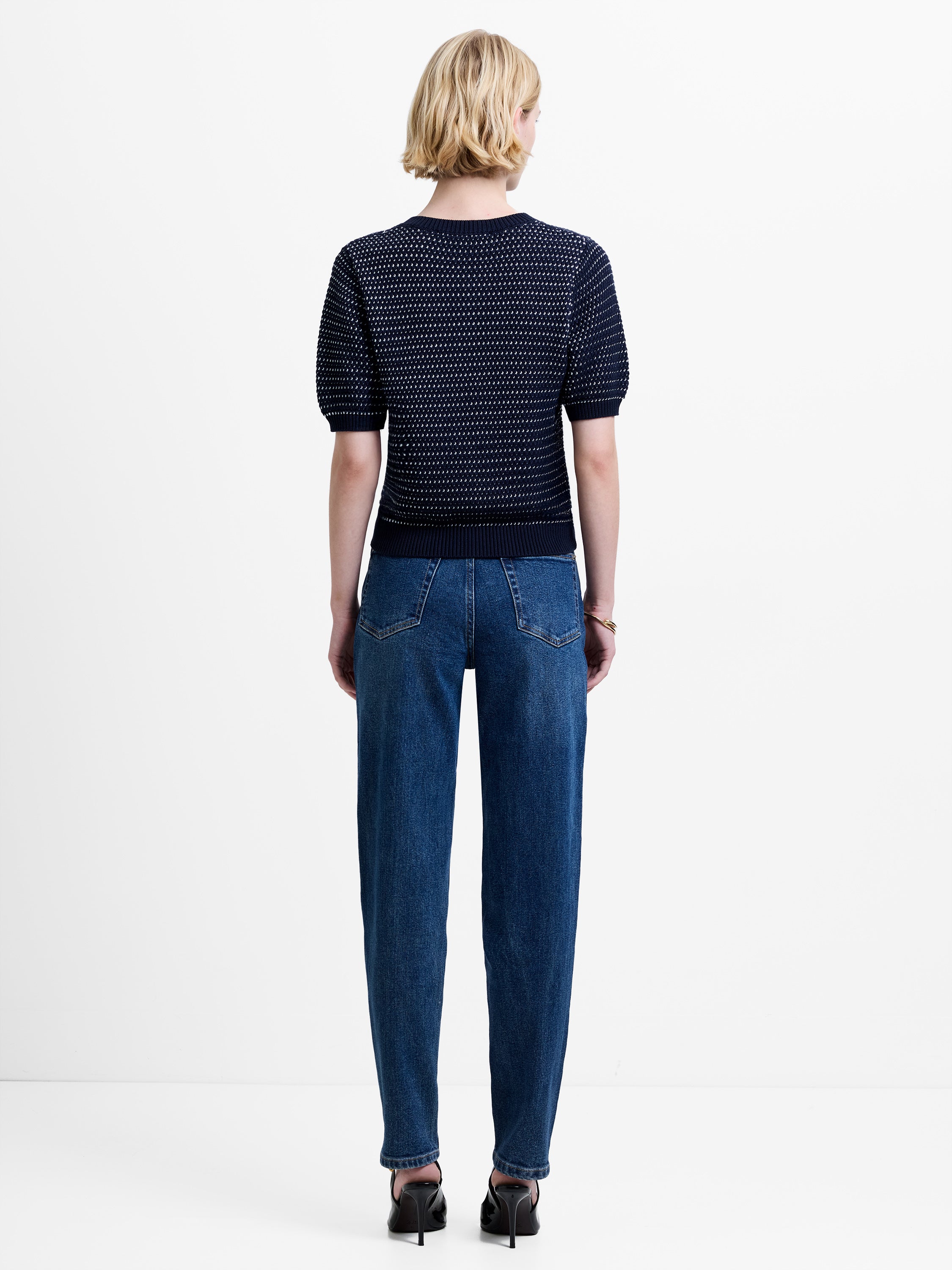 Mozart Knit Puff Sleeve Faux Button Navy Top