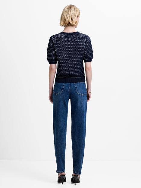 Mozart Knit Puff Sleeve Faux Button Navy Top